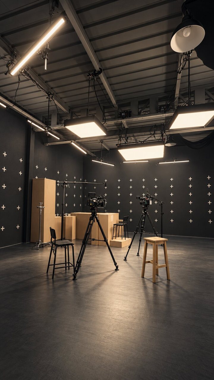 The black box with tracking markers on every wall, top lights and cameras on tripods
