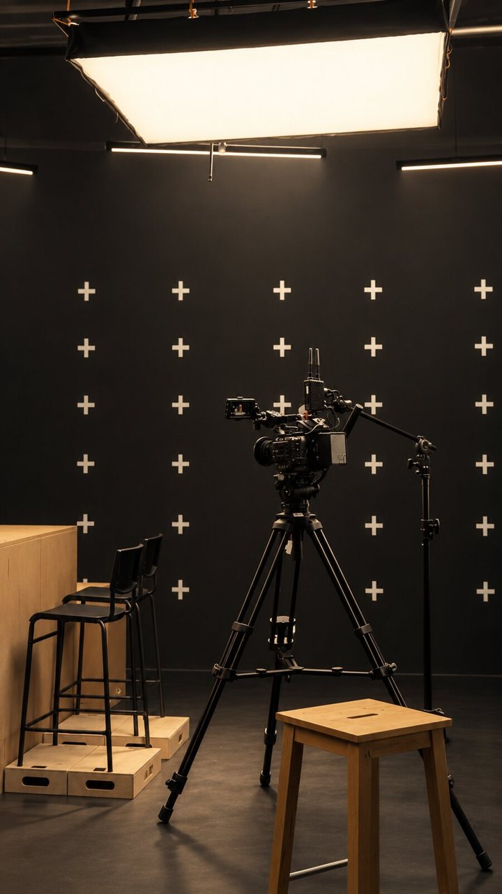 Cinema camera on a tripod under a large softbox in the black box