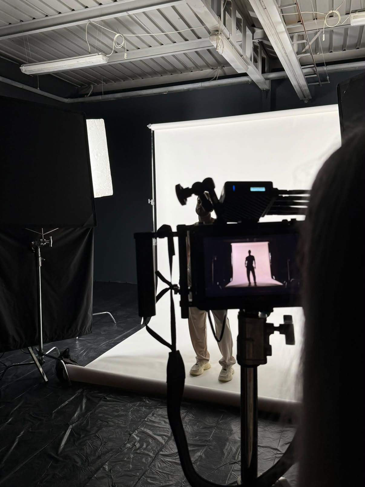 Behind the scenes on the photo set, seen through the camera monitor